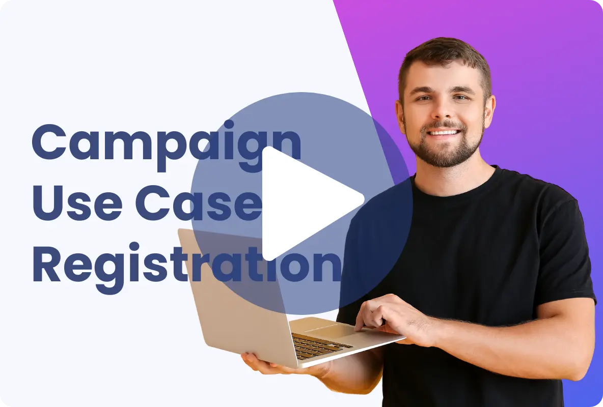 man with laptop smiling next to large play video triangle icon