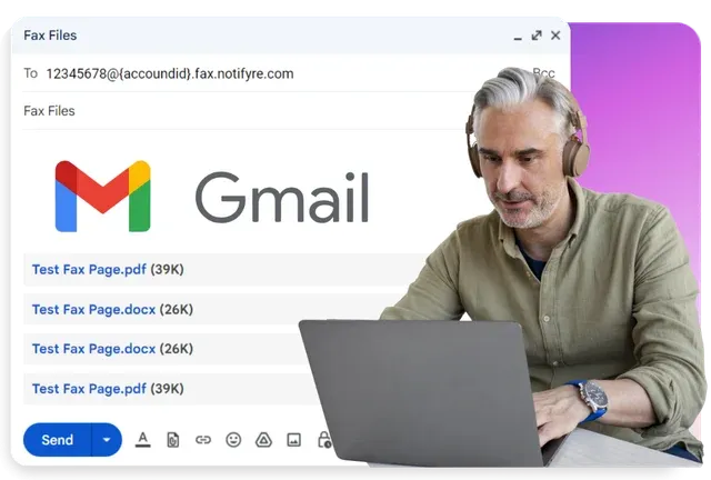 Man using laptop to send fax from gmail