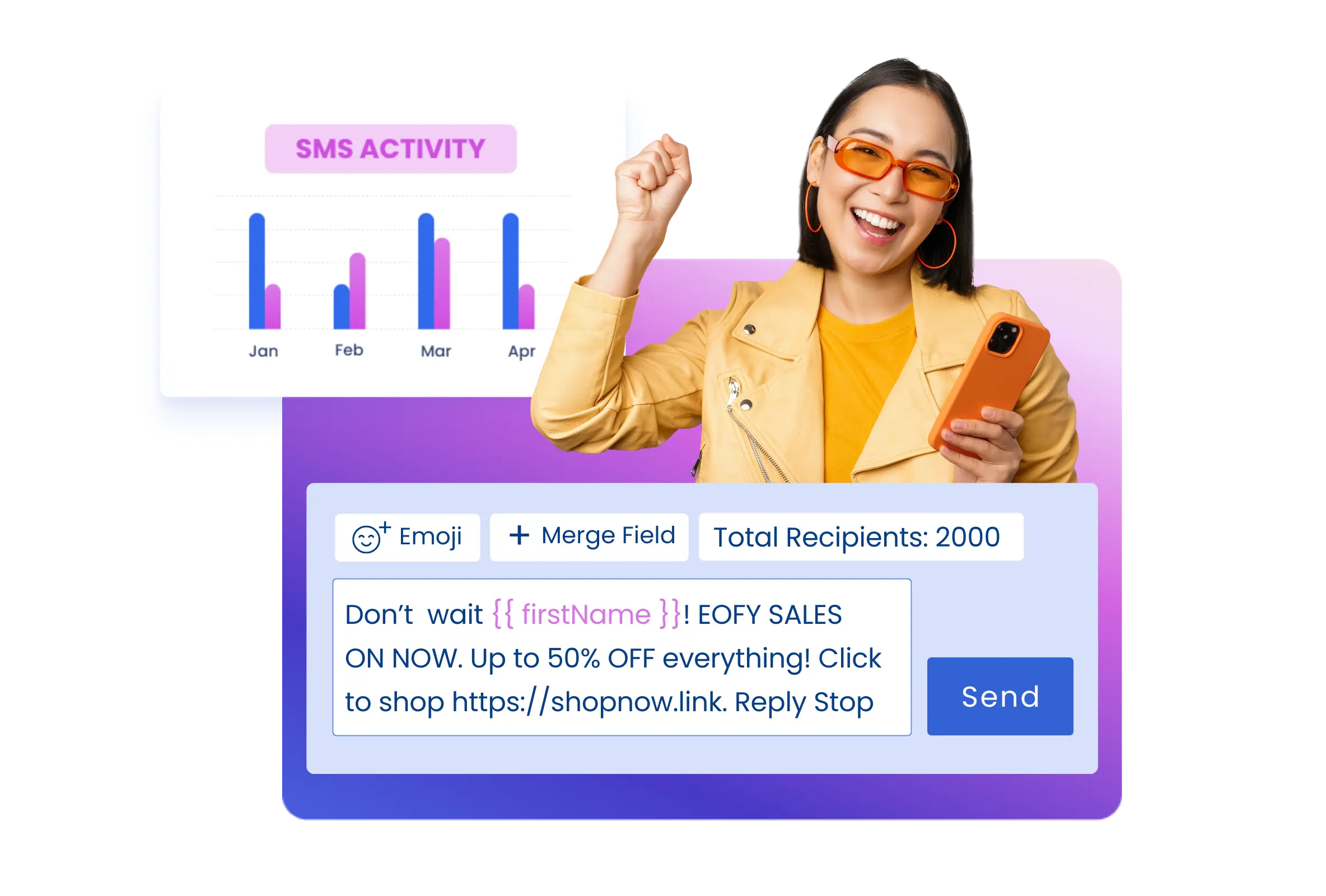 woman in orange coat sending a personalised message with merge fields next to a graph