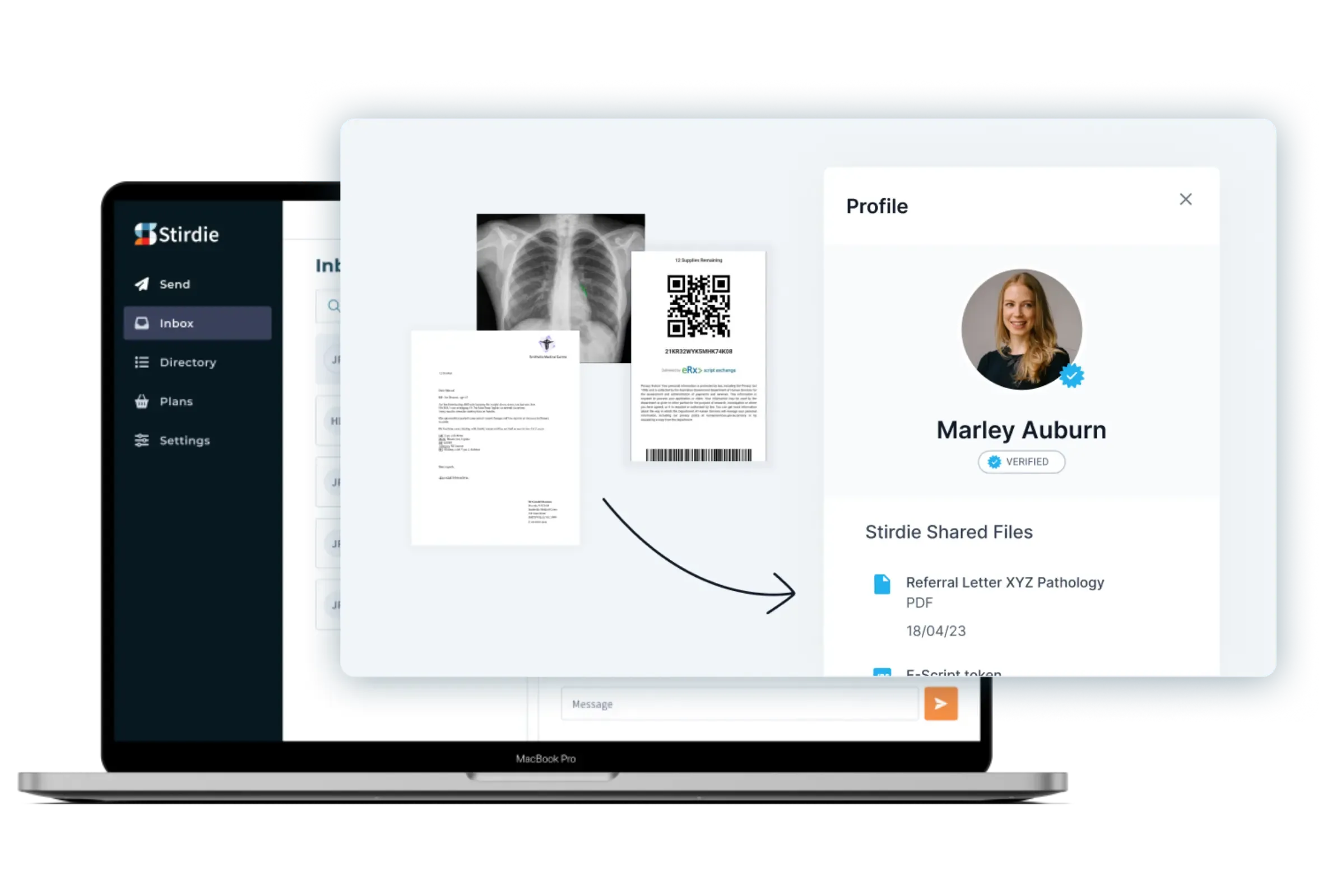 Stirdie interface showing shared medical files and user profile