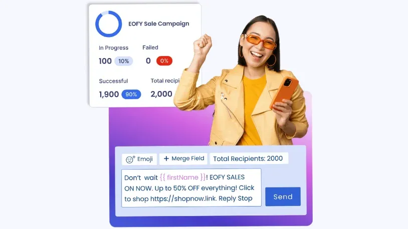 Bulk SMS campaign report with a woman beside it who is happy