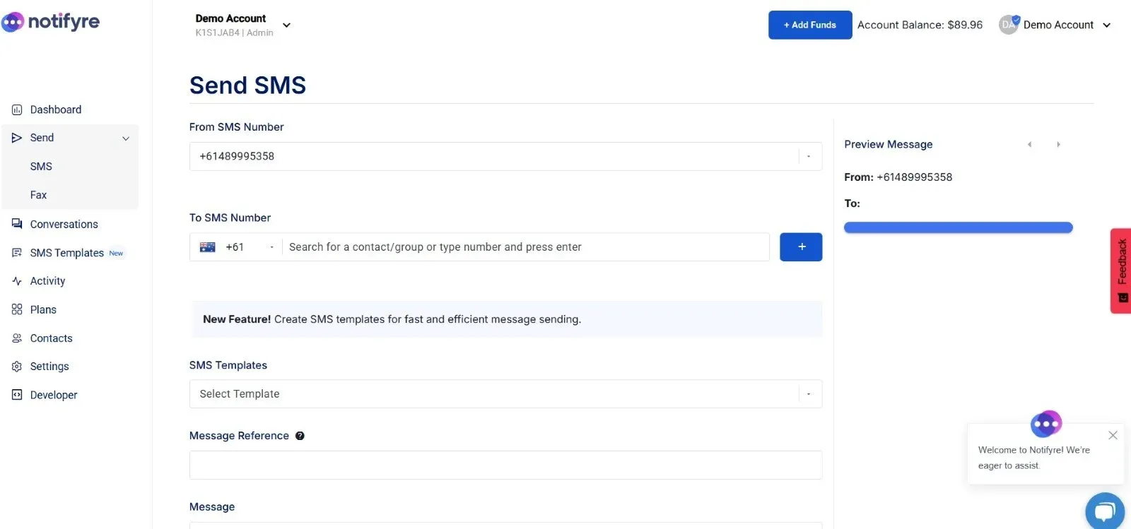 Send SMS on notifyre dashboard input number