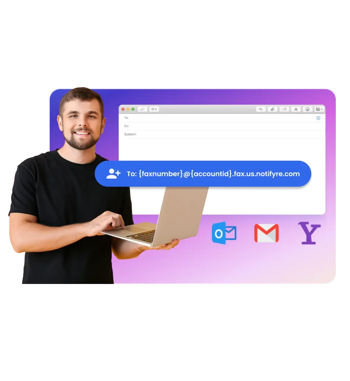 Smiling man holding a laptop with an email composing window in the background. Below, there are icons for Outlook, Gmail, and Yahoo Mail. The background has a purple and pink gradient.