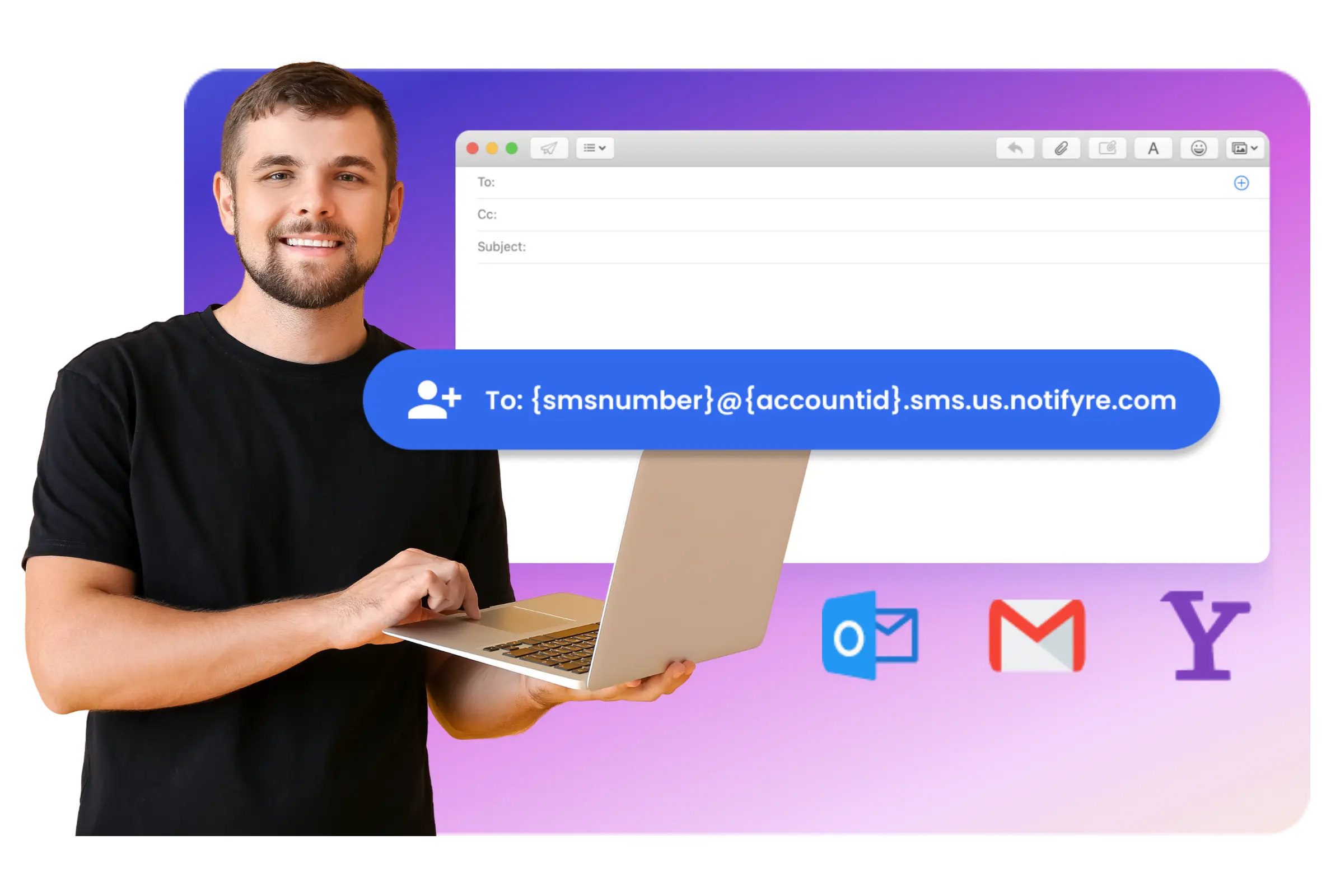 man with laptop next to create an email window sending a text from email