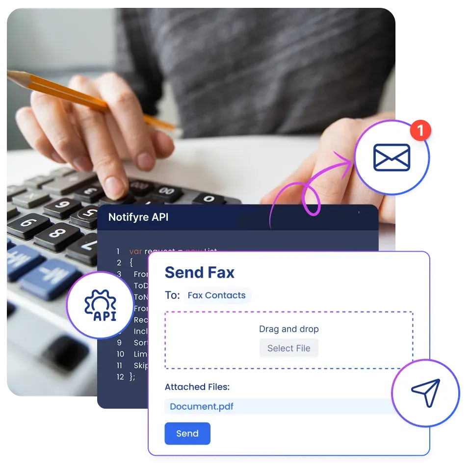 concept image showing fax sending using email, api or in-app for finance