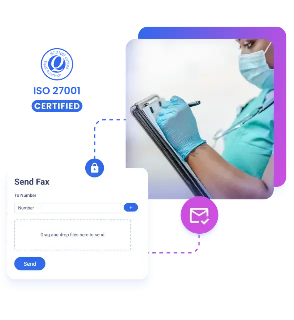 online fax send form next to medical person filling out form wearing surgical gloves and mask.