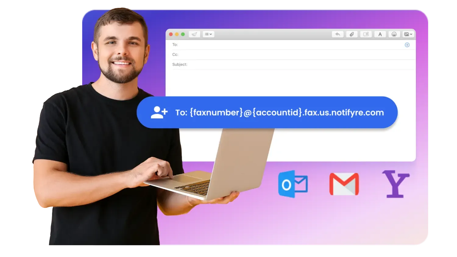 man holding laptop next to email screen