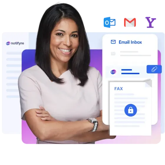 smiling lady next to email inbox with a fax attachment