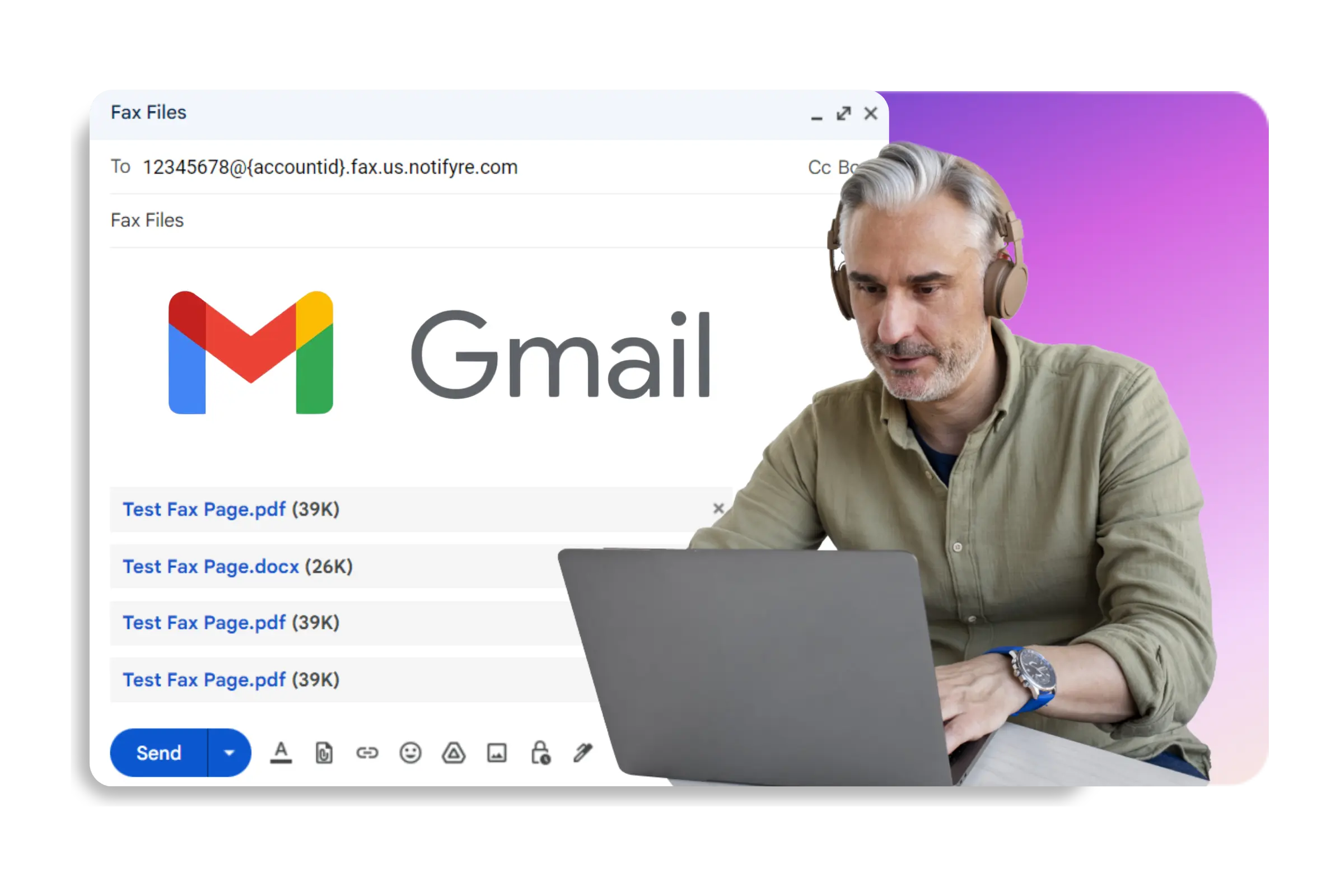 Man using laptop to send fax from gmail