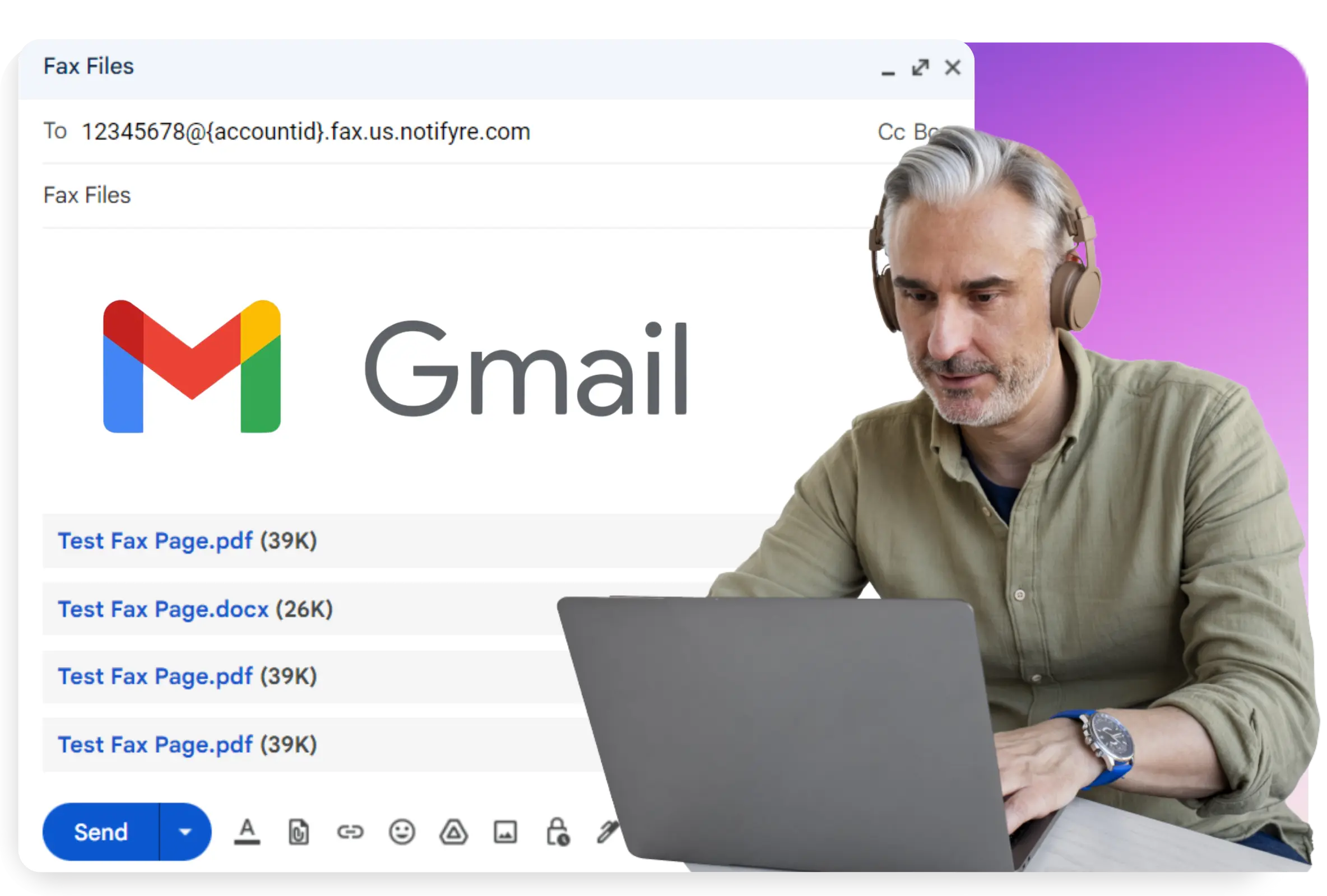 man sending fax from gmail on laptop